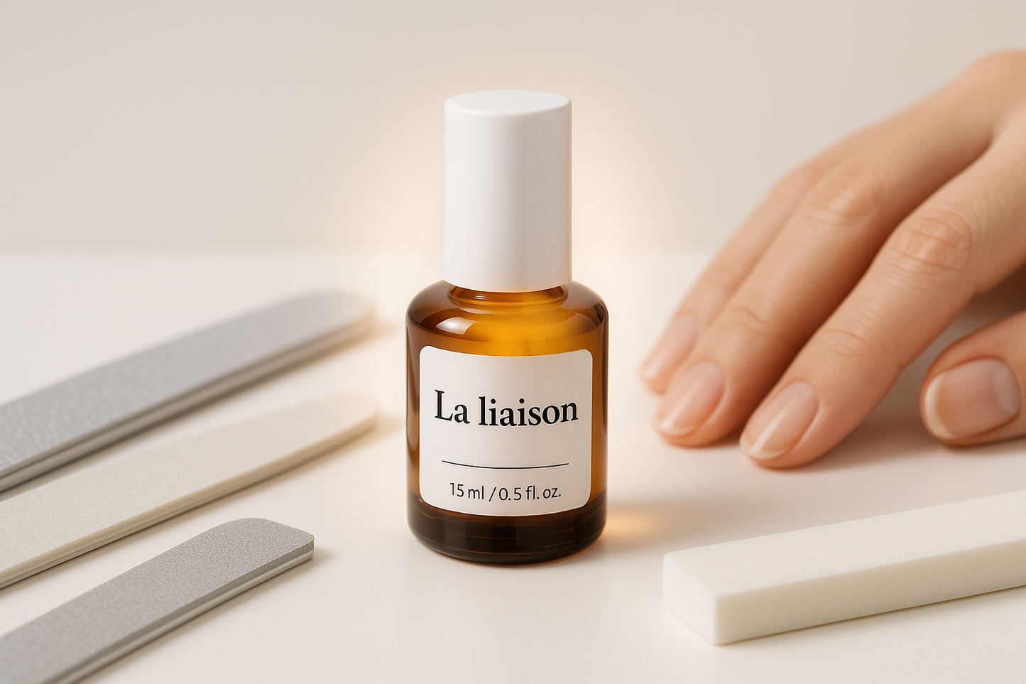 La liaison 15 ml est un produit essentiel qui aide à ramollir la prothèse afin de réduire le limage lors de l’abaissement. Elle facilite ainsi le travail de la technicienne tout en préservant la structure naturelle de l’ongle.